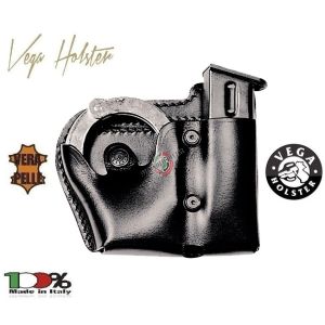 Porta Manette e Porta Caricatore in Cuoio con viti di Ritenzione Nero  Vega Holster Polizia Carabinieri Art. 1P07
