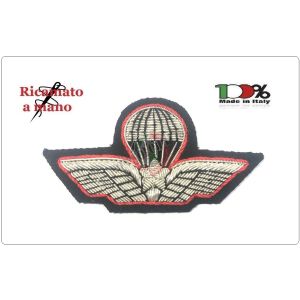 Brevetto Paracadutismo Abilitazione Lancio Sagomato Ricamato a Mano Canutiglia Argento Bordo Rosso con Stella Militare Carabinieri Art.NSD-SAGO-2